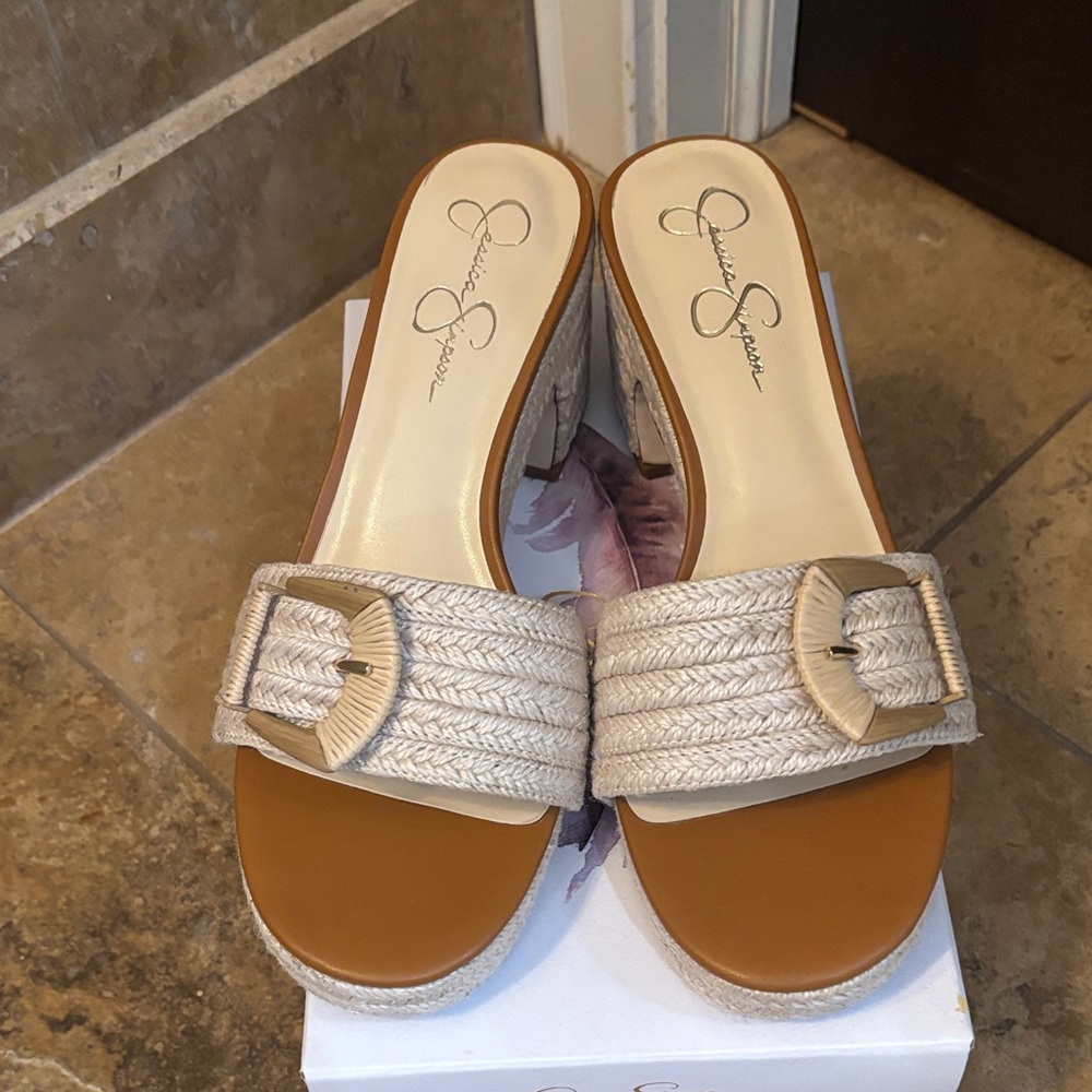 Jessica Simpson Tan Platform Slide Mules with Cream Braided Strap